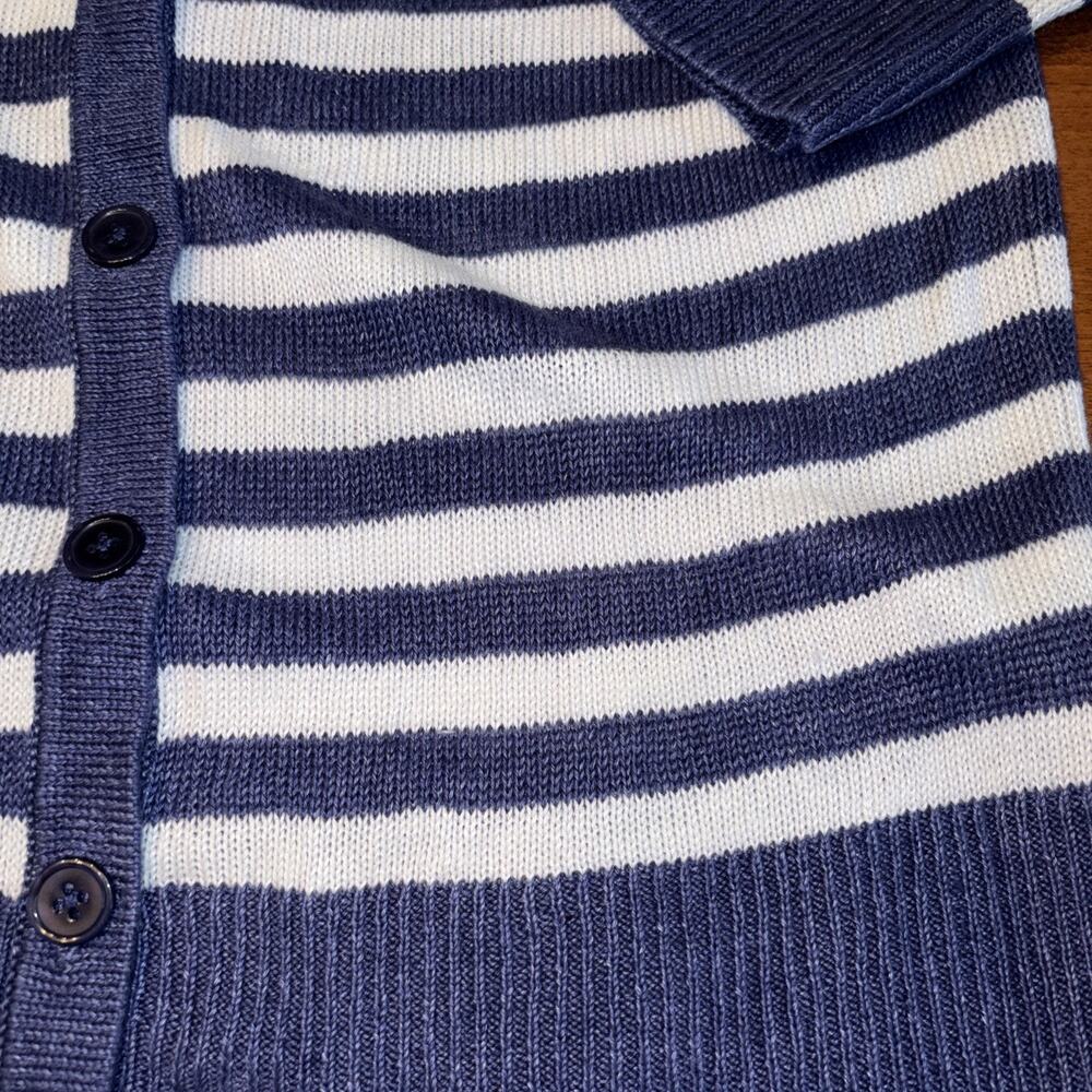 Talbots Linen Cardigan Womens Med Blue White Stripe Button Nautical 3/4 Sleeve - Picture 2 of 7